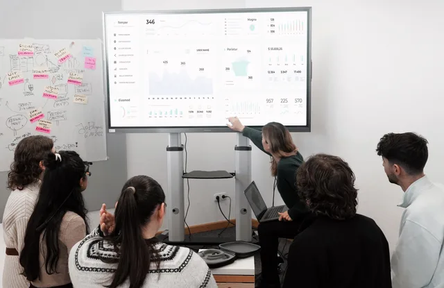 Group of professionals engaged in a business presentation examining charts on a large screen. Kanalstrategi för svenska medieinvesteringar: så väljer du kanal efter mål och målgrupp